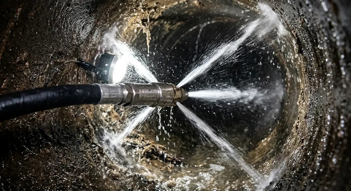 High-pressure hydro jetting nozzle cleaning sewer pipe for Storm Drain Cleaning in Hastings-on-Hudson