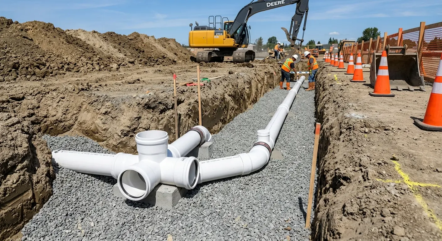 New PVC sewer pipe installation in open trench for Commercial Drain Cleaning in Hastings-on-Hudson