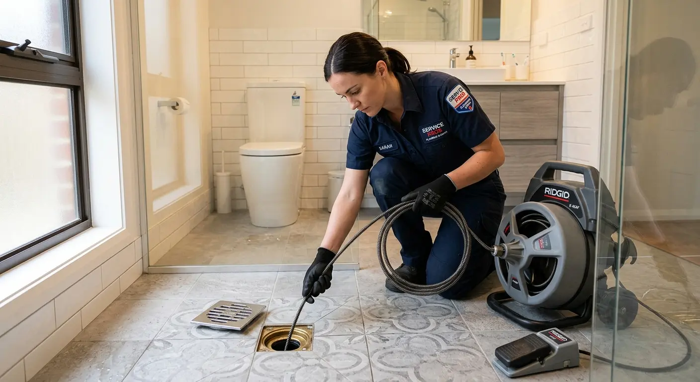 Technician clearing a bathroom floor drain for Clogged Drain Repair in Hastings-on-Hudson